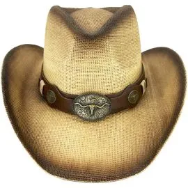 light brown straw cowboy hat with bull buckle and leather hatband