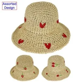 Straw Crochet Bucket hats with heart, rose and strawberry design