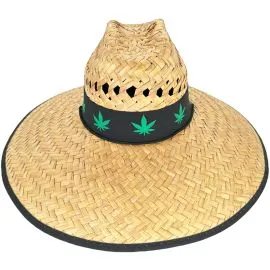 Straw Summer Hat with Green Marijuana on Black Bandana