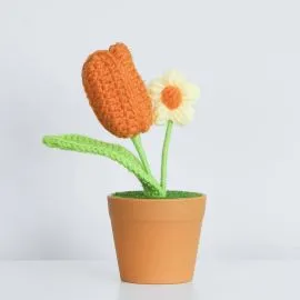 Crochet Flower in Vase - Orange Tulip and Yellow Puff Flower