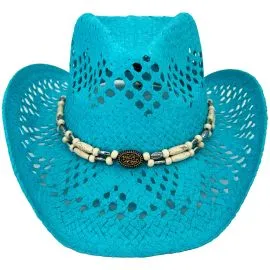 Wholesale Turquoise Blue Hollow Straw Beaded Band Beach Cowboy Hat