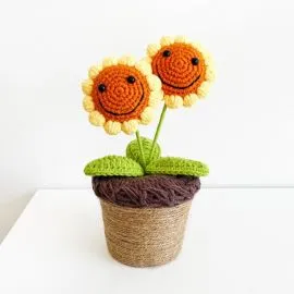 Smiling Crochet Sunflowers in Crochet Plant Pot - 2 Orange Sunflowers