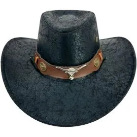 Black Vintage leather cowboy hats with band and bull design buckle front image