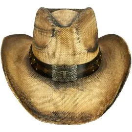 Wholesale vintage cowboy hats in bulk - Stained Design with bull buckle and band