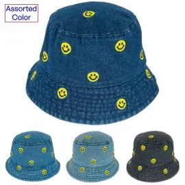 Vintage Denim Bucket Hats Bulk Selection with Smiley Face embroidered