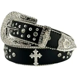 Silver Rhinestones with Black Belt and Cross Design - rolled belt