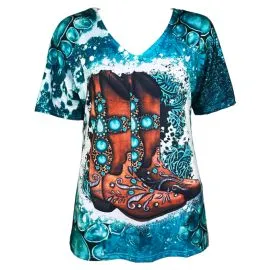 Wholesale Western Graphic Tees in bulk - Turquoise and Cowboy Shoes Design