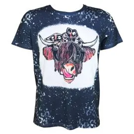 Gray Western Graphic Tees with Cow Printed Pattern front side