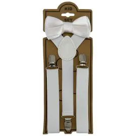 Wholesale Adjustable Bowtie Suspender Set for Kids - Elastic Y-Back Design with Strong Metal Clips - White