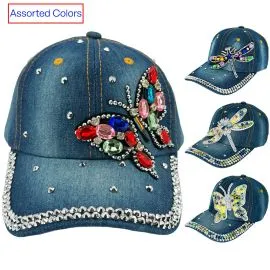 Dragonfly and Butterfly Rhinestone Design Denim Caps wholesale