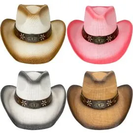 Wholesale Bulk Cowgirl Hats - Bull Buckle Floral Band