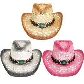 Wholesale Cowgirl Hats - Hollow Breathable and Turquoise Beaded Buckle