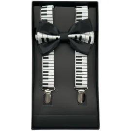 piano design suspender and bowtie set on display