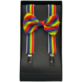 rainbow suspenders and bowties set in a displayable box