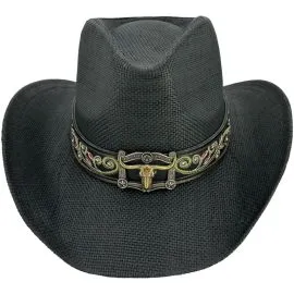 Wholesale Black Cowboy hats in bulk - Quality Buckle and Embroidered Leather Band