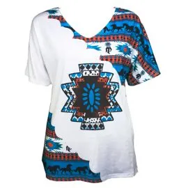 V Neck Western T shirts wholesale - Turquoise Diamond Pattern Printed Front side