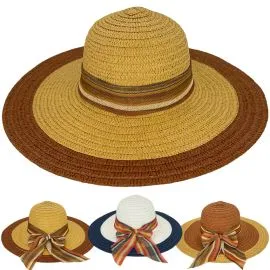 wholesale women's summer hats with multicolor mesh ribbon - beige, brown and blue