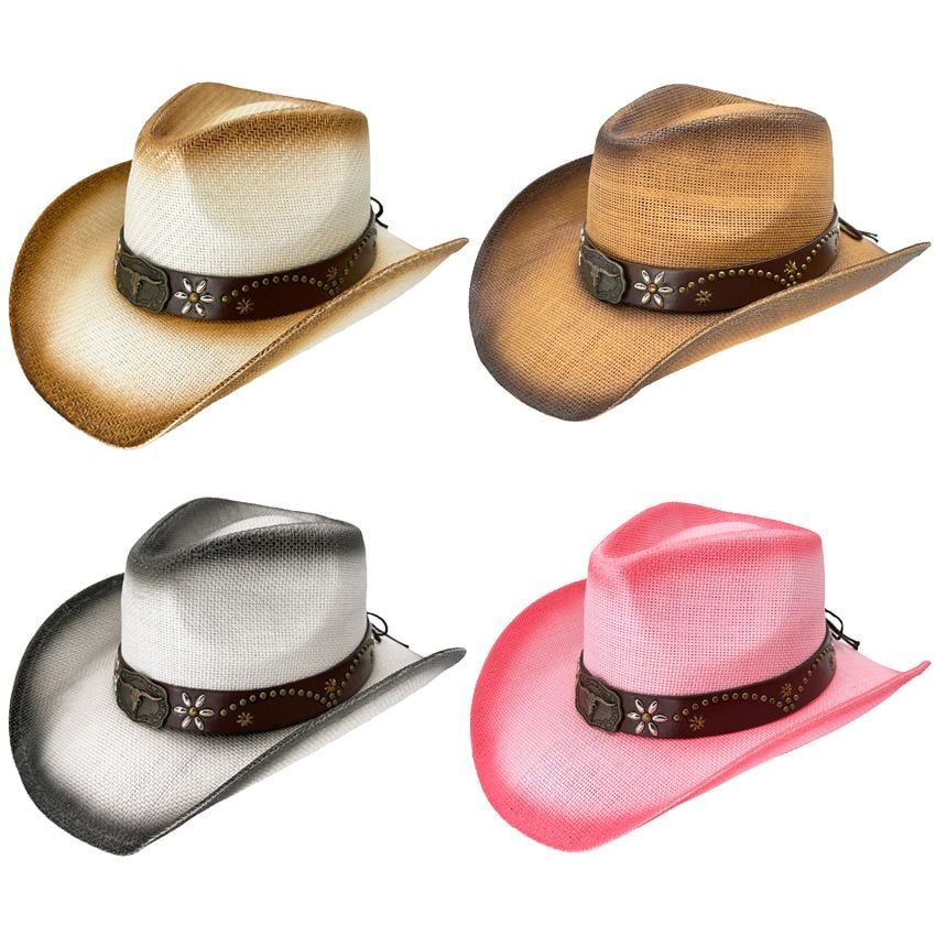 Wholesale Cowboy Hats Set - Bull Buckle Band Mix Colors
