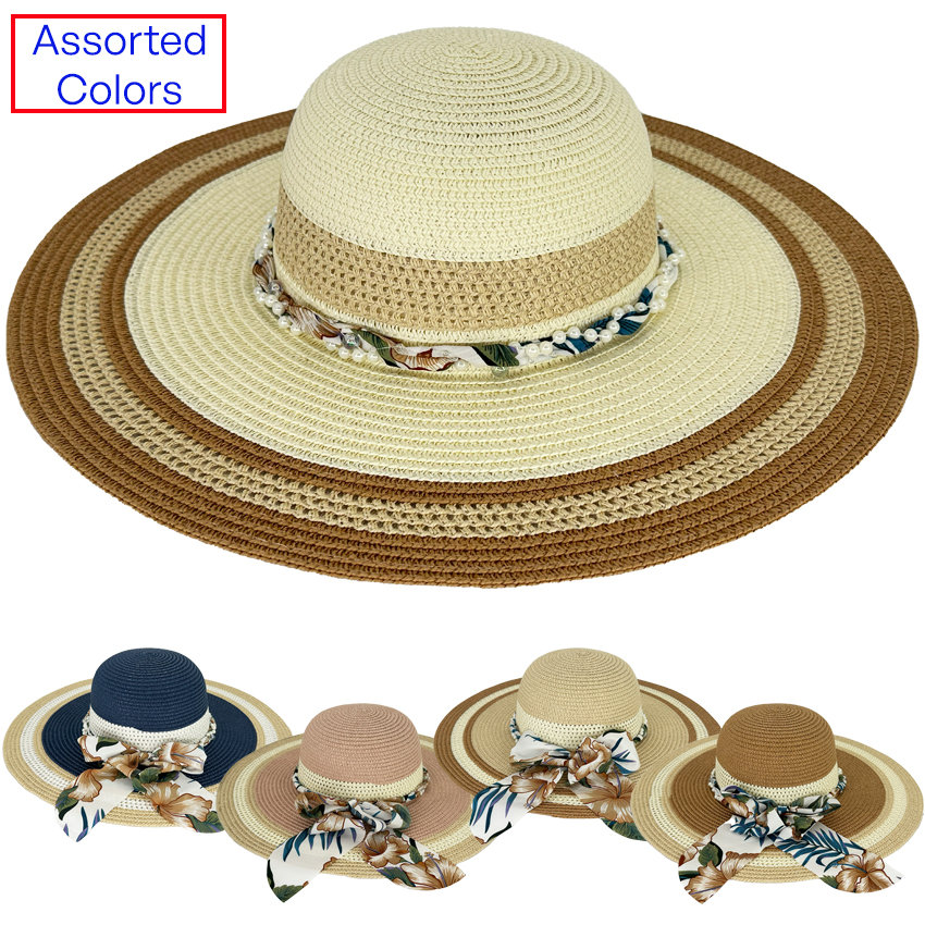 Wide Brim Floppy Summer HATs for Ladies - Floral Band and Pearl Design