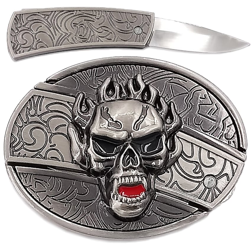 Flaming SKULL Knife Belt Buckle