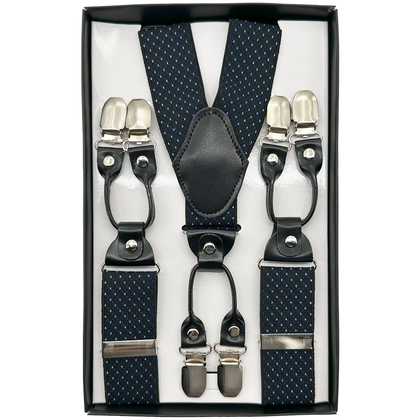 White Polka Dots on Royal Blue SUSPENDERS with 6 clips