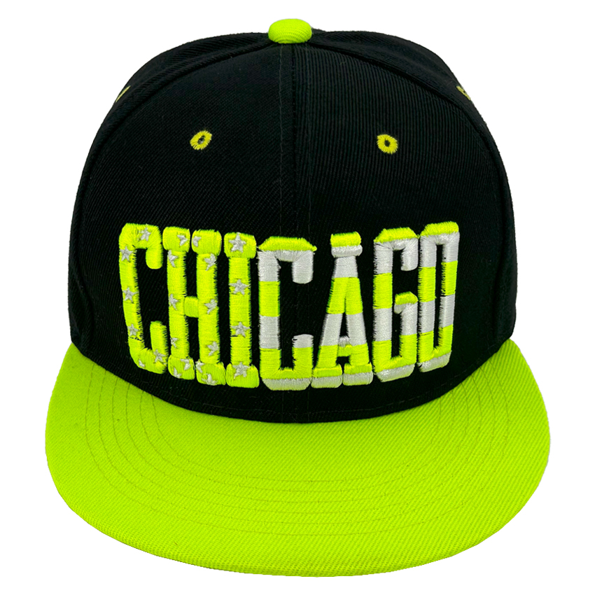 CHICAGO Embroidered Neon Green and Black Snapback HATs