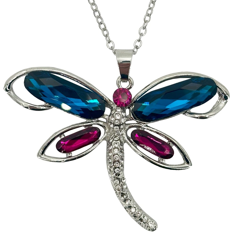 Pink Gem Blossom Dragonfly Diamond Pendant NECKLACEs