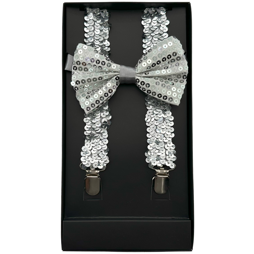 Silver Sequin AB SUSPENDERS and Bowtie Set