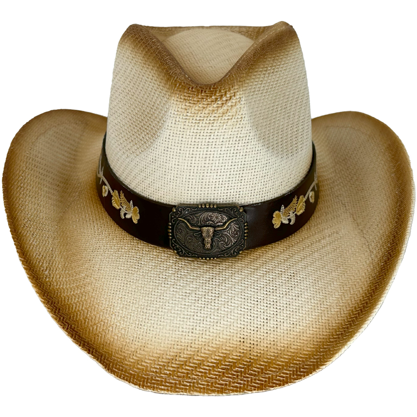 Straw Cowboy HATs with Bull Buckle and Yellow Embroidered Band