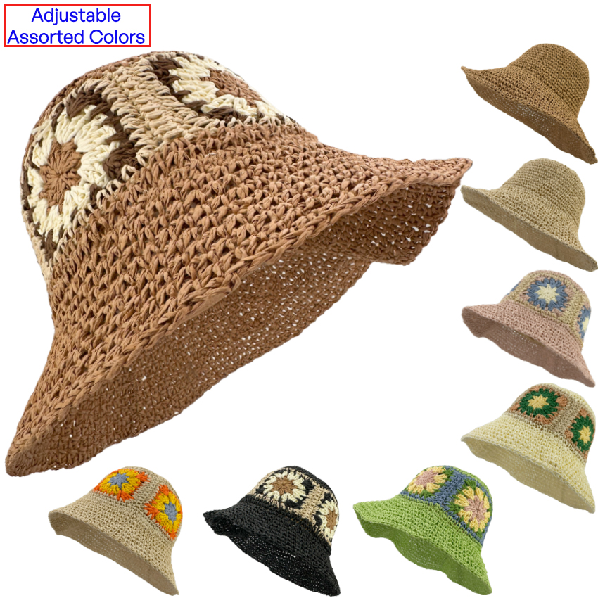 Crochet Bucket HATs with Assorted Color and Styles - Paper STRAW Summer HATs