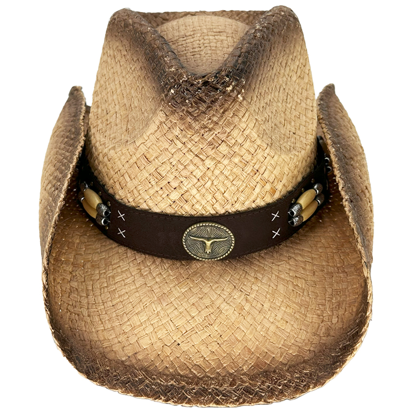 Raffia Straw Cowboy HATs with Bull Buckle Leather Band