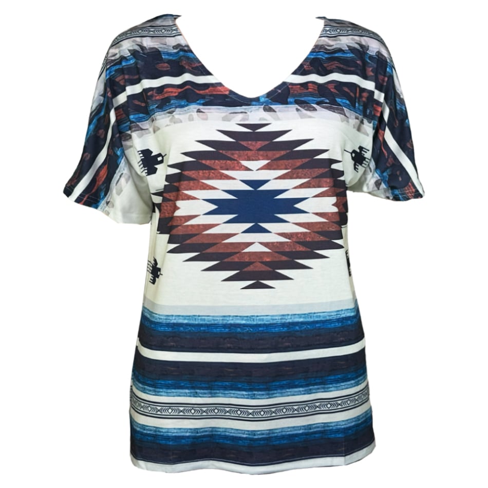 Western Graphic Tees for Ladies - Bird and Aztec Designs V Neck Short Sleeve