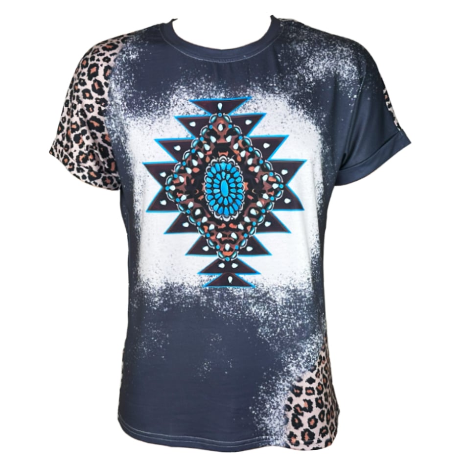 Western T-SHIRTs - Tuquoise Bead Aztec Printed Crew Neck Short Sleeve