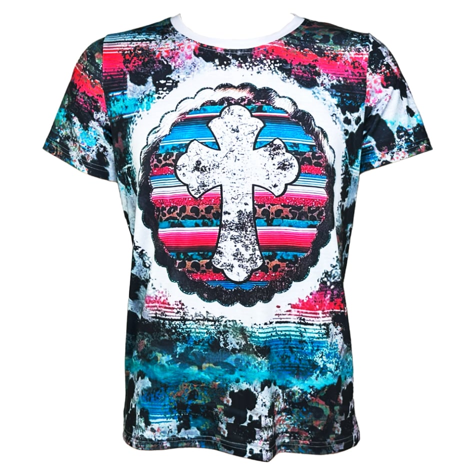 Western T-Shirts for Ladies - Cross and Flag Printed Crew Neck SHORT Sleeve