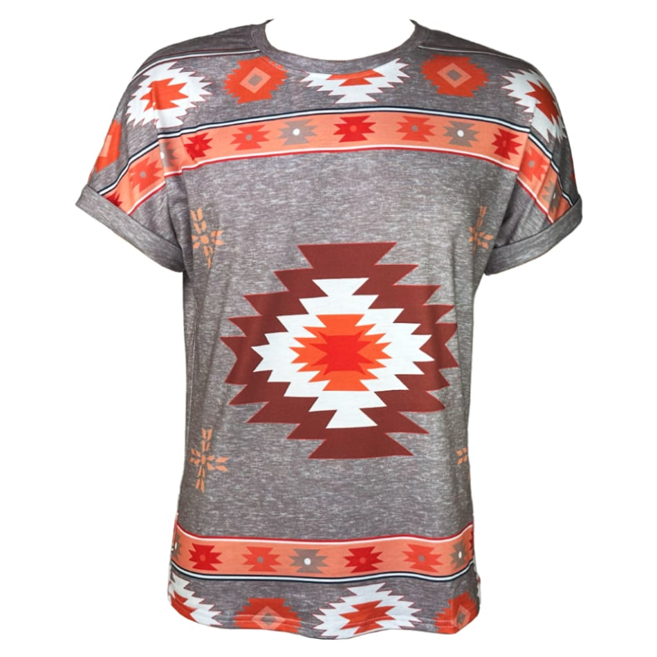 Orange Western Graphic Tees - Geometric Cardigan Printed Crew Neck SHORT Sleeve