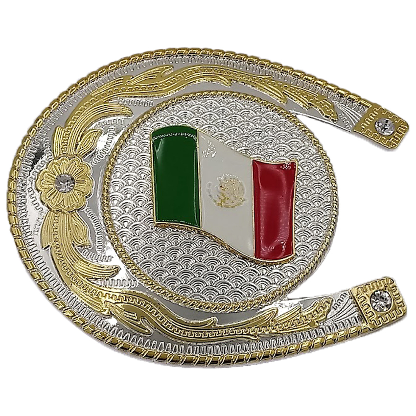 Oversized HorseNail Design Mexican FLAG Belt Buckle