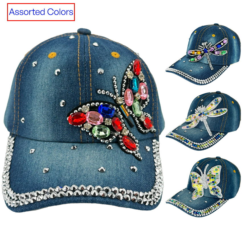 Rhinestone DENIM Caps with Assorted Styles - Butterfly and Dragonfly Design