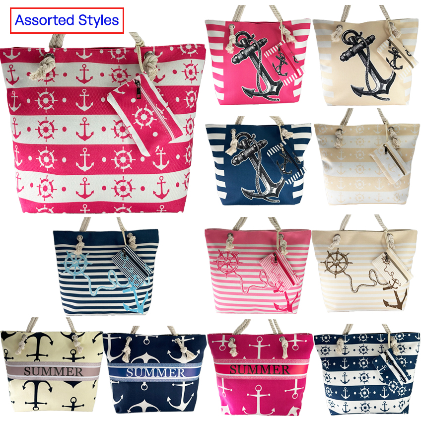 Canvas Tote Beach Bags with Sailing Designs and Coin PURSE - Assorted Styles | 24 Pcs