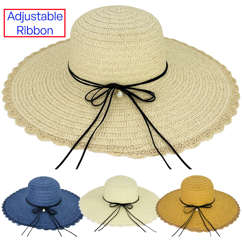 Women's Summer HATs with Crocheted Brim and Pearl Ribbon - Assorted Colors