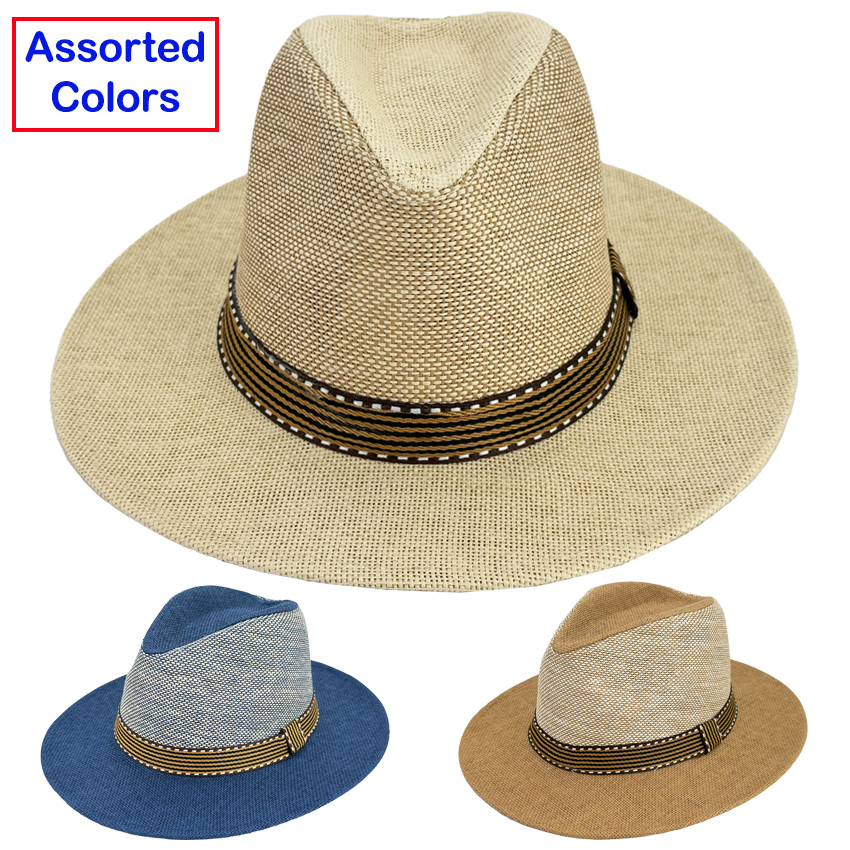 Straw Paper Panama HATs with Striped Band -  Assorted Colors | Adjustable Size