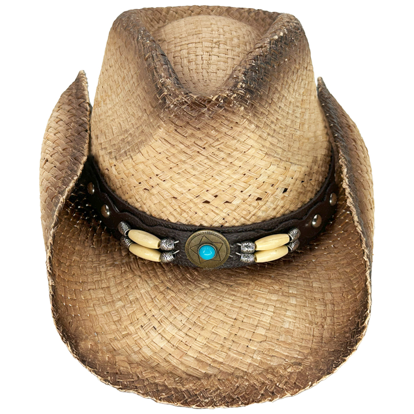 Raffia Straw Cowboy HATs with Turquoise Bead Star Buckle Leather Band 