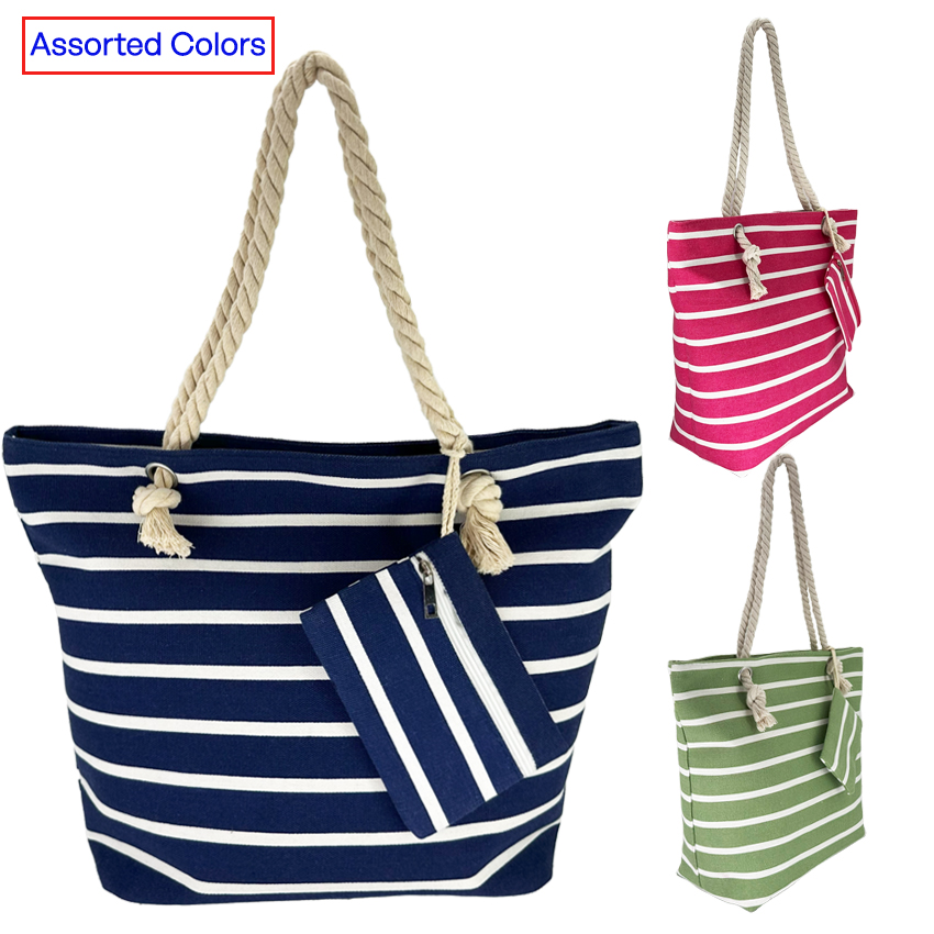 Canvas Tote Beach Bags with Stripes and Coin PURSE - Assorted Colors