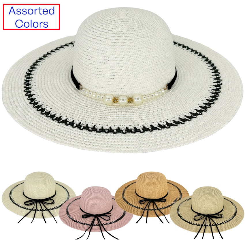 Large Brim Floppy Summer Beach HATs with Leather Band and Pearls