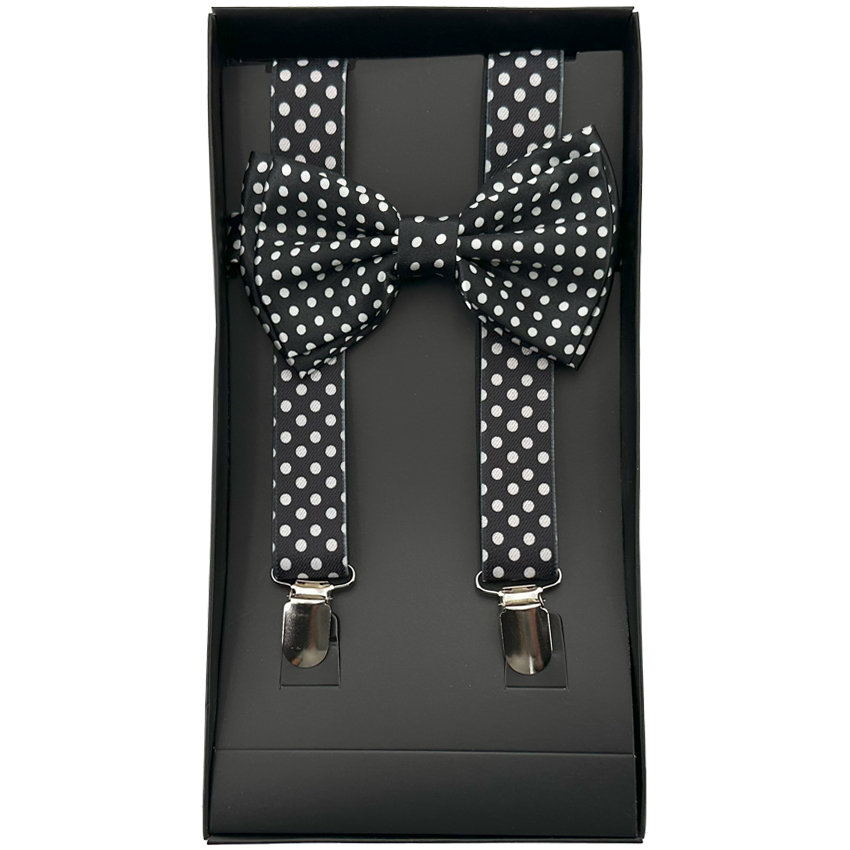 White Dots on Black AB SUSPENDERS and Bowtie Set