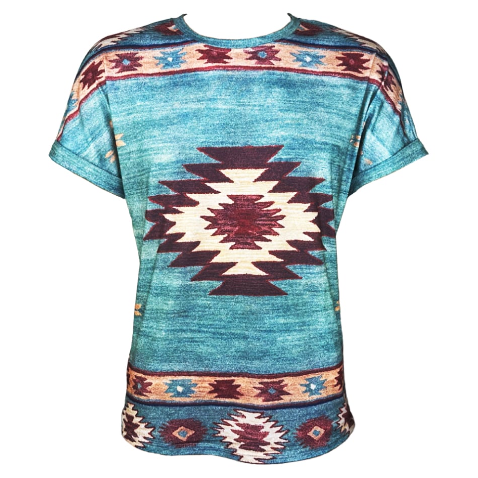 Turquoise Western T-SHIRTs - Diamond Pattern Printed Crew Neck Short Sleeve