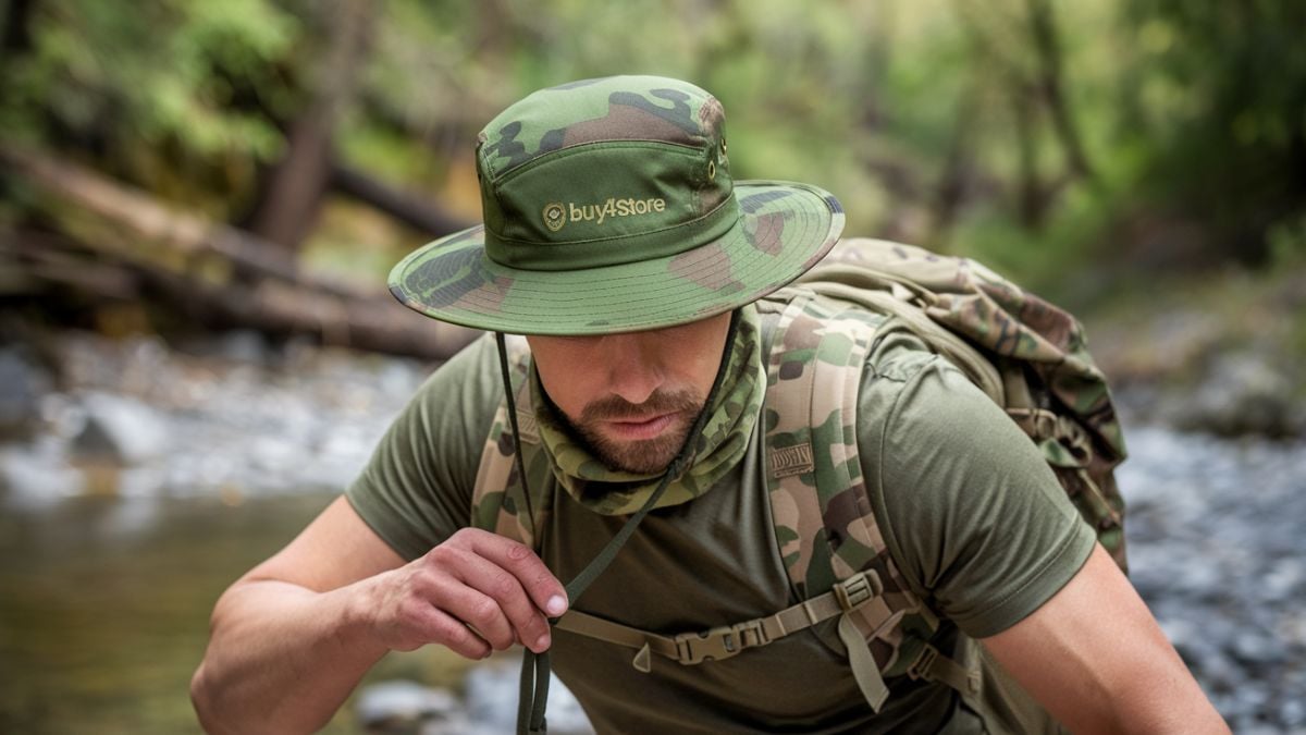 a man climbing with camouflage cloths and boonie hat