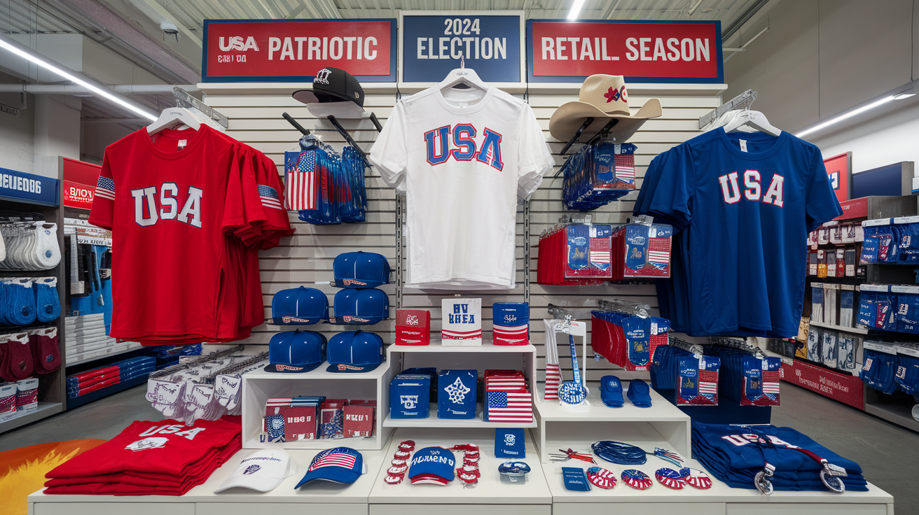 red, blue and white colored products showcased for 2024 US election