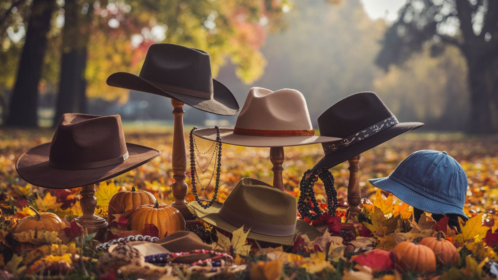 fall hats and jewelry on displays