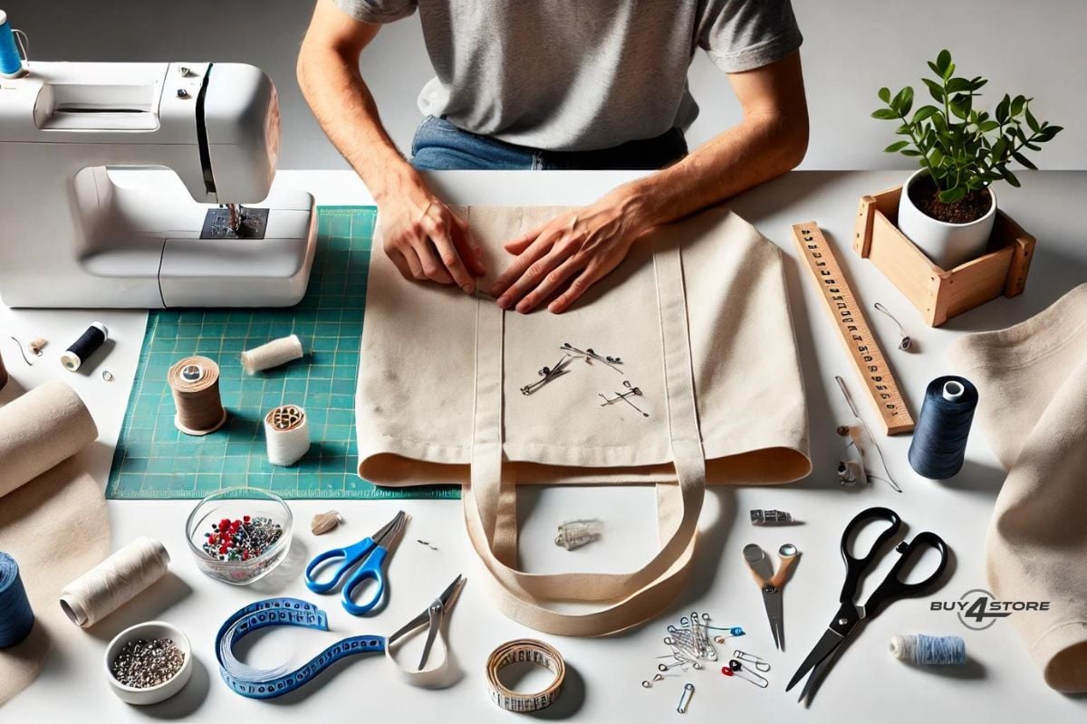 a person is trying to make a tote bag on the table with the tools