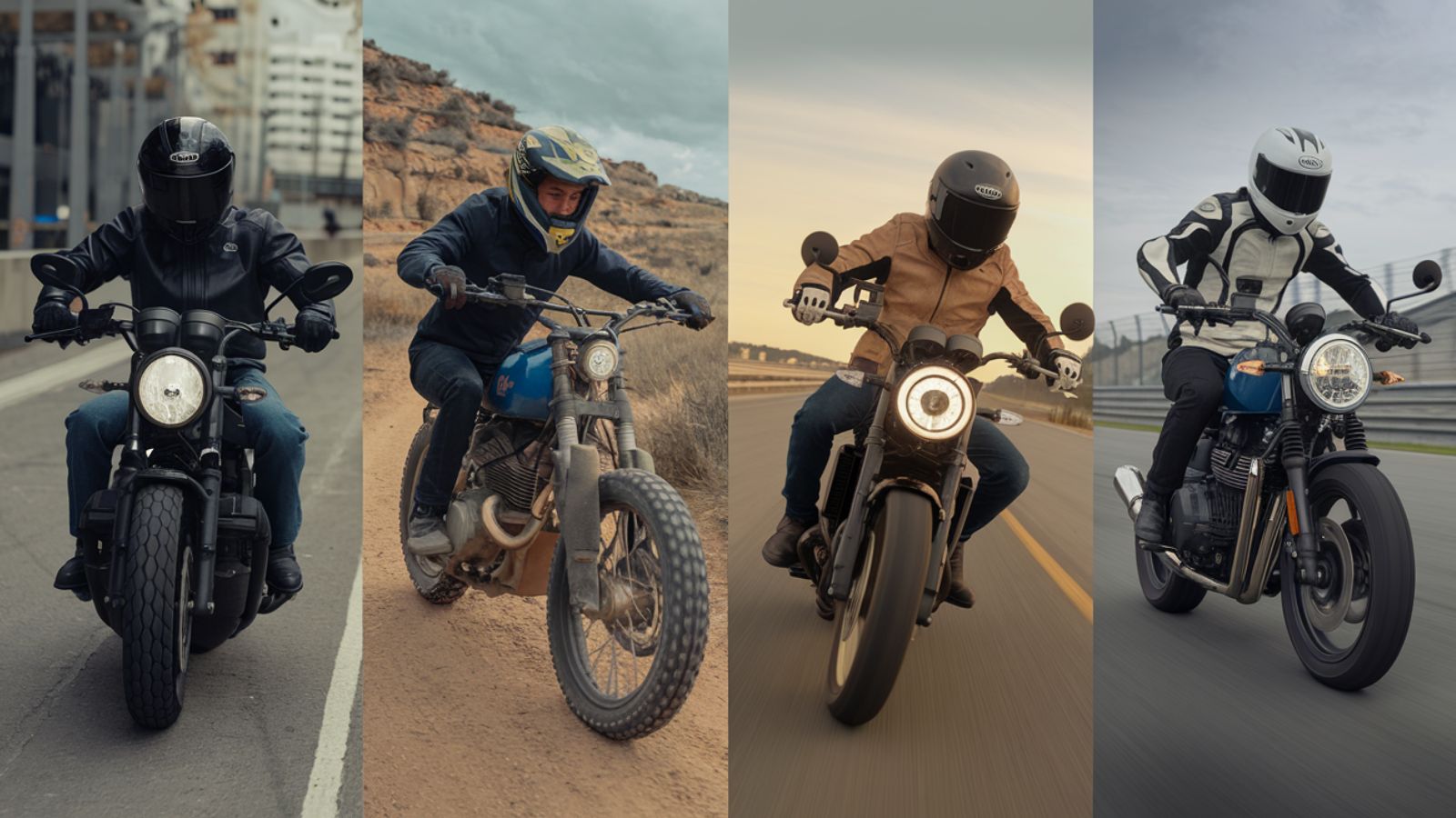 motorcyclists riding motorbikes and wearing gloves in different terrains